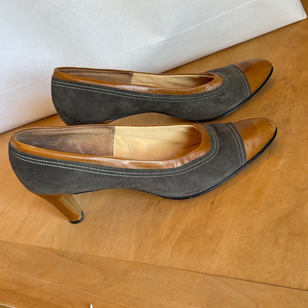 Vintage DeLiso Gray Suede and Brown Leather Heels